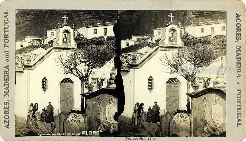 1897 年亚速尔群岛弗洛雷斯 Faja Grande 教区教堂，立体卡片